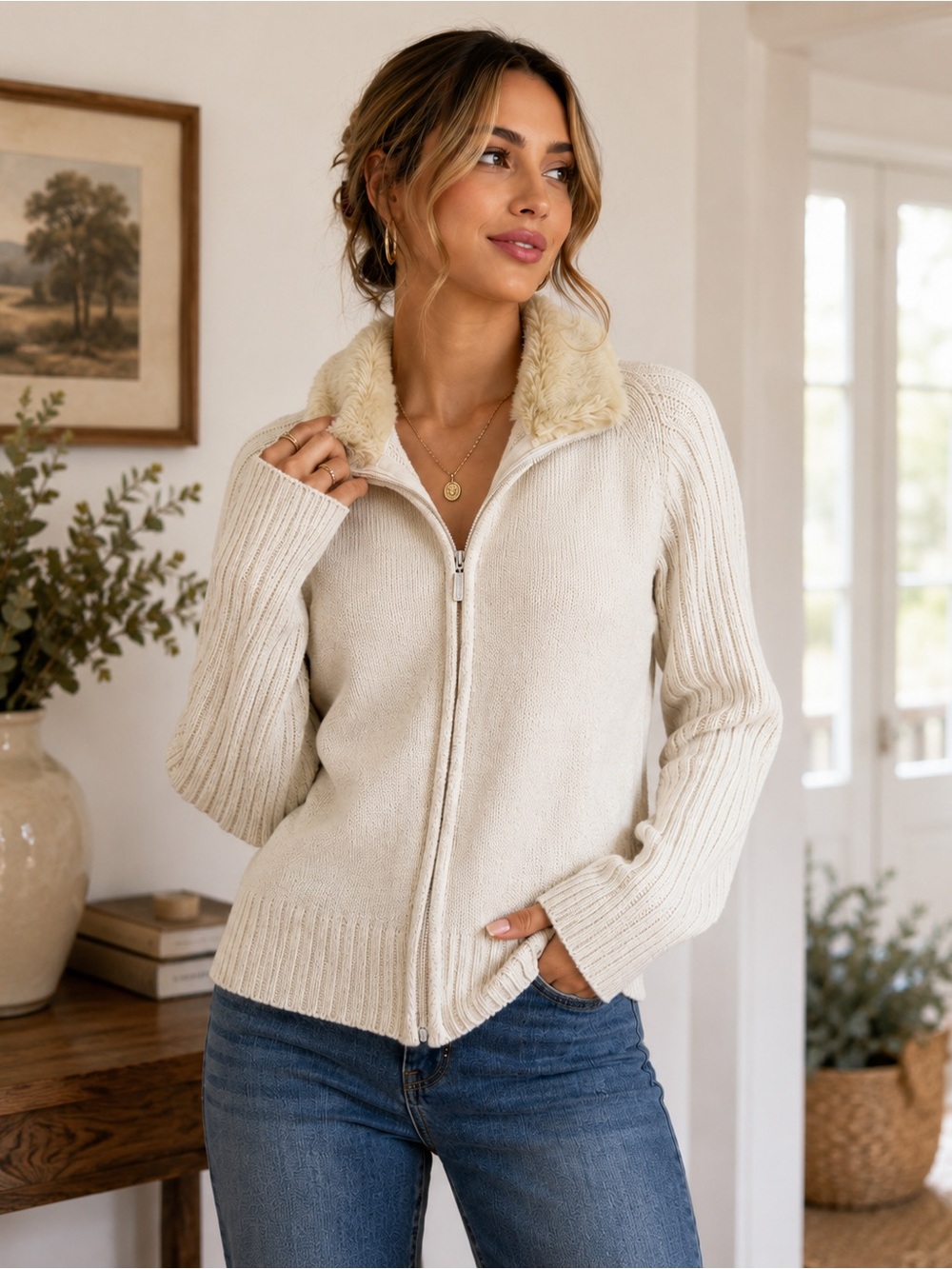 Carolyn Taylor Faux Fur Collar Zip Knit Cardigan Sweater Cream Large Cozy